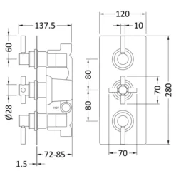 Tec Pura Plus Brushed Brass Concealed Thermostatic Triple Shower Valve with Diverter - Hudson Reed A8023 | Premium Shower Valve -Bathroom Sales Shop A8023 tech drawing
