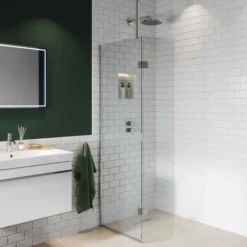 ABACUS Walk In Shower Screen 700mm with Chrome Hinged Return 350mm | Modern Shower Enclosure -Bathroom Sales Shop Abacus 700 350mm Polished Chrome Ceiling Support