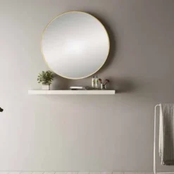 Docklands 600mm Brushed Brass Round Framed Bathroom Mirror - Origins Living -Bathroom Sales Shop B375523 docklands round mirror 60 brushed brass frame lifestyle2