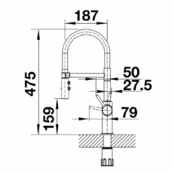 Blanco Catris S Flexo Black and Chrome Kitchen Tap - 525791 | Stylish Monobloc Tap for Modern Kitchens -Bathroom Sales Shop CATRIS S FLEXO LINE DRAWING SIDE VIEW
