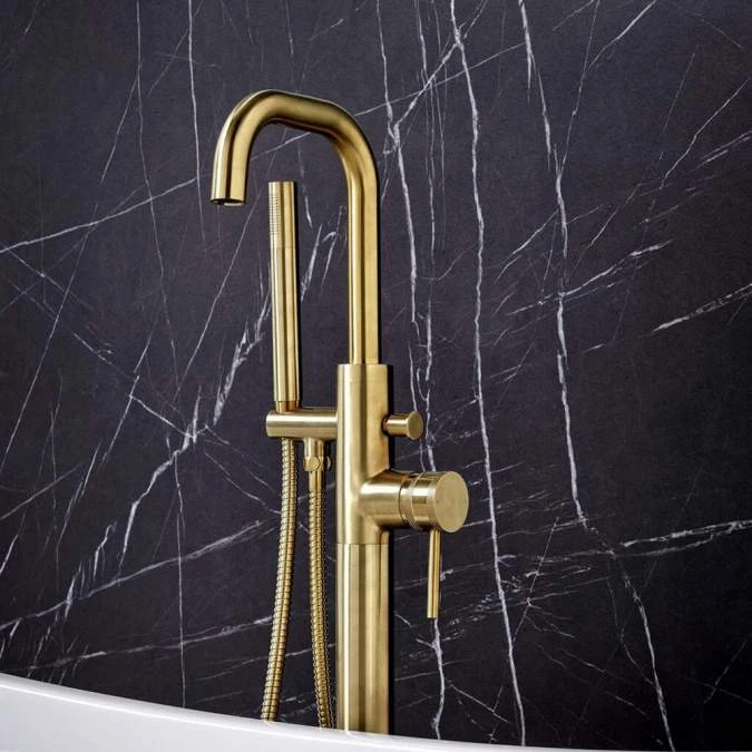 Scudo Core Brushed Brass Freestanding Bath Shower Mixer Tap | Premium Bathroom Taps 4 Scudo Core Brushed Brass Freestanding Bath Shower Mixer Tap | Premium Bathroom Taps - Image 2