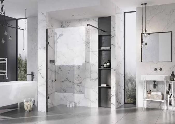Roman Liberty 1057mm Matt Black Wetroom Panel with Clear Glass Corner | Premium Walk-In Shower Solution 4 Roman Liberty 1057mm Matt Black Wetroom Panel with Clear Glass Corner | Premium Walk-In Shower Solution - Image 2