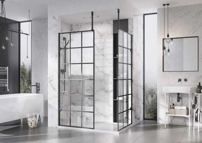 Roman Liberty Matt Black Grid Wetroom Panel - 1157mm | Stylish Walk-In Shower Solution 4 Roman Liberty Matt Black Grid Wetroom Panel - 1157mm | Stylish Walk-In Shower Solution - Image 2