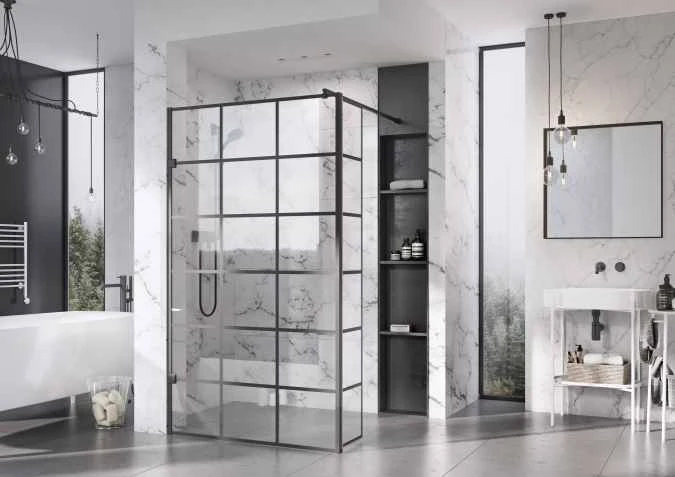 Roman Liberty Matt Black Grid Wetroom Panel - 1157mm | Stylish Walk-In Shower Solution 6 Roman Liberty Matt Black Grid Wetroom Panel - 1157mm | Stylish Walk-In Shower Solution - Image 4
