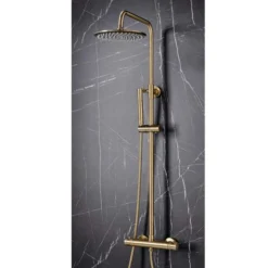 Scudo Core Brushed Brass Twin Head Rigid Riser Shower Kit | Luxury Showering Solution -Bathroom Sales Shop NU 021 INSTITU