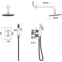 Scudo Core Gunmetal Round Handle, Head, Handset & Bracket - Premium Concealed Shower Valve Set -Bathroom Sales Shop NU 036 LINEDRAWING