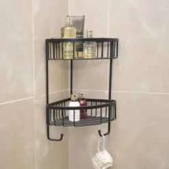 Roman Matt Black Double Corner Shower Basket with Hooks - RSB05B | Stylish & Durable Bathroom Organizer -Bathroom Sales Shop RSB05B lifestyle