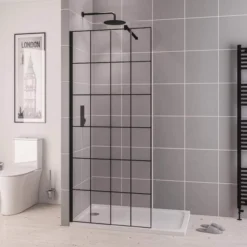 Vantage 2000 Matt Black 1400mm Walk In Shower Screen - Eastbrook | Easy Installation -Bathroom Sales Shop Vantage Black Grid
