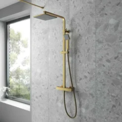 Nuie Square Thermostatic Bar Shower Kit in Brushed Brass - JTY886 | Modern Rigid Riser Shower Kit -Bathroom Sales Shop jty886 showers v1 ls
