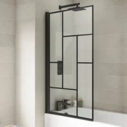 Abstract Black Grid Effect Bath Shower Screen By Nuie | Single Panel Shower Screen | Modern Bathroom Design