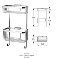 Roman Chrome Double Rectangular Shower Basket With Hooks RSB07 - Elegant Bathroom Storage Solution -Bathroom Sales Shop rsb07 tech rd