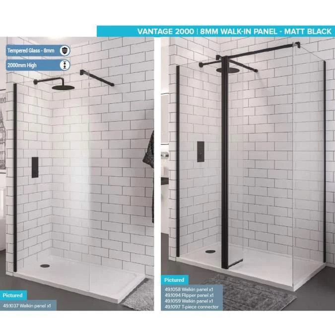Vantage 8mm 1400mm Matt Black Walk In Shower Screen - Eastbrook | Premium Walk In Showers - Image 2